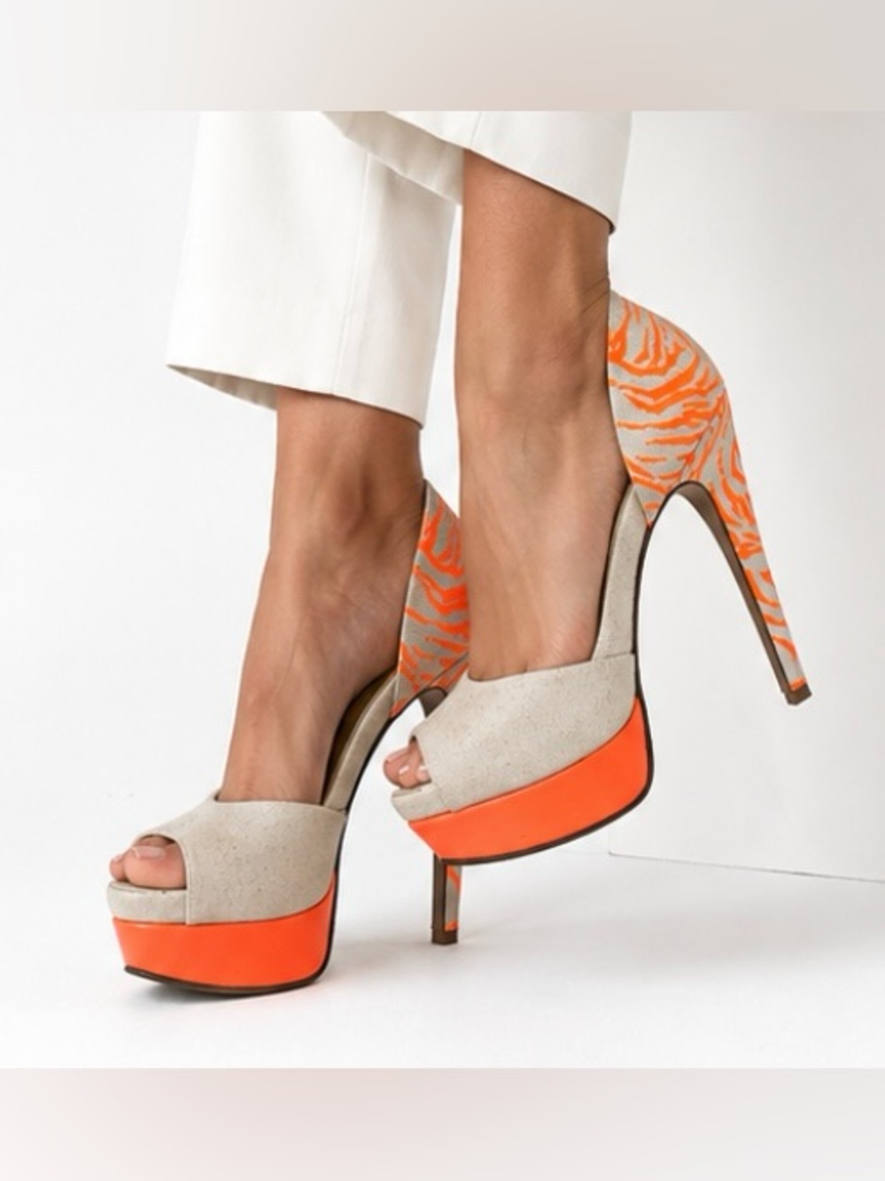 Walter Steiger Vintage Canvas Printed D'Orsay Platforms Neutral/Neon Orange